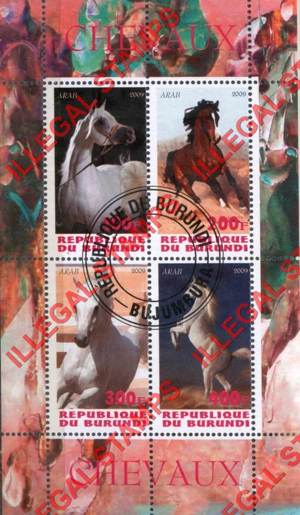 Burundi 2009 Horses Counterfeit Illegal Stamp Souvenir Sheet of 4 Burundi 2009 Horses Counterfeit Illegal Stamp Souvenir Sheet of 4