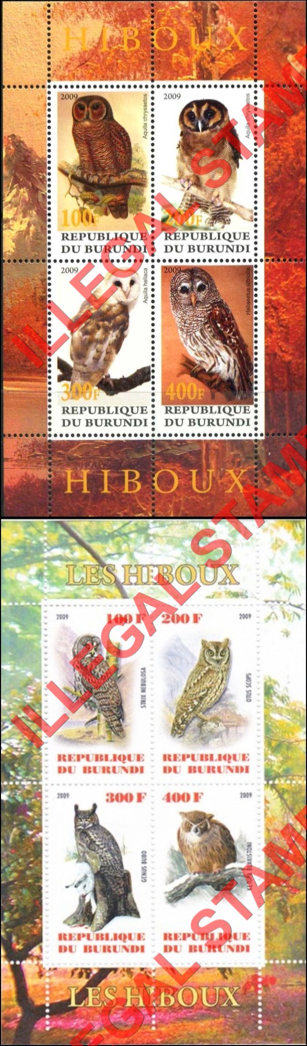 Burundi 2009 Owls Counterfeit Illegal Stamp Souvenir Sheets of 4 Burundi 2009 Owls Counterfeit Illegal Stamp Souvenir Sheets of 4