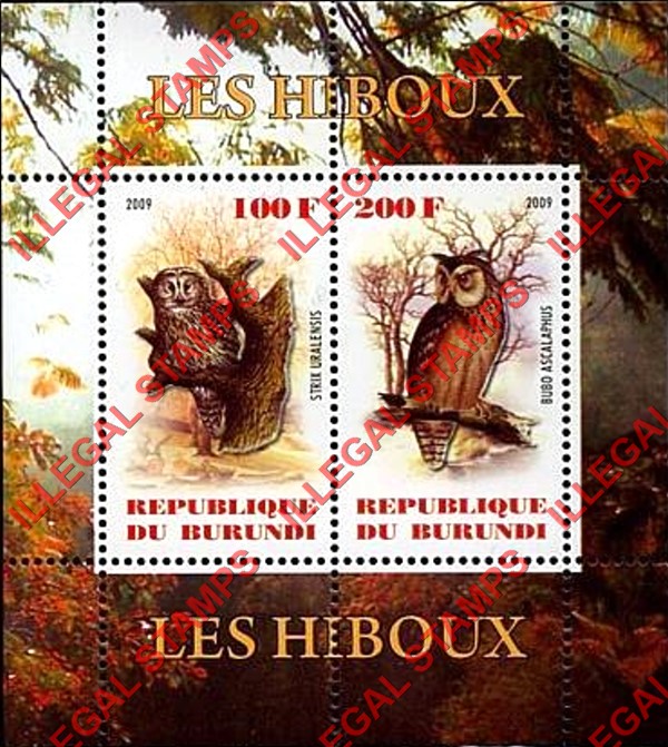 Burundi 2009 Owls Counterfeit Illegal Stamp Souvenir Sheets of 2 Burundi 2009 Owls Counterfeit Illegal Stamp Souvenir Sheets of 2