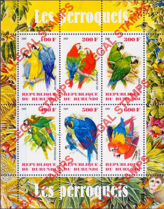 Burundi 2009 Parrots Counterfeit Illegal Stamp Souvenir Sheet of 6 Burundi 2009 Parrots Counterfeit Illegal Stamp Souvenir Sheet of 6