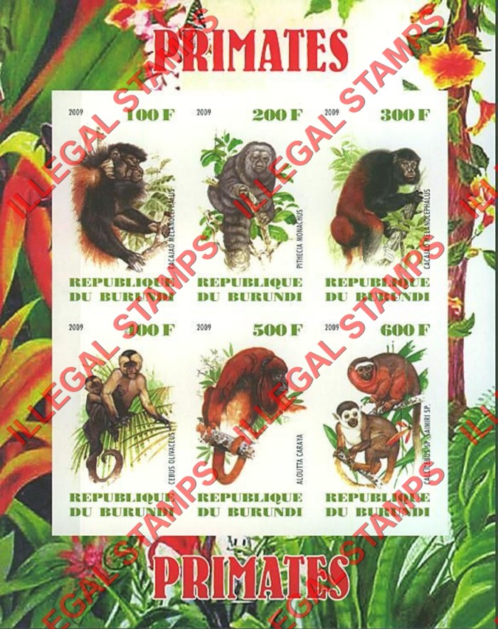 Burundi 2009 Primates Counterfeit Illegal Stamp Souvenir Sheet of 6 Burundi 2009 Primates Counterfeit Illegal Stamp Souvenir Sheet of 6