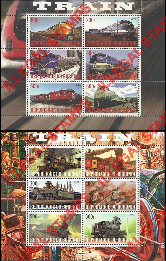 Burundi 2009 Trains Counterfeit Illegal Stamp Souvenir Sheets of 6 Burundi 2009 Trains Counterfeit Illegal Stamp Souvenir Sheets of 6
