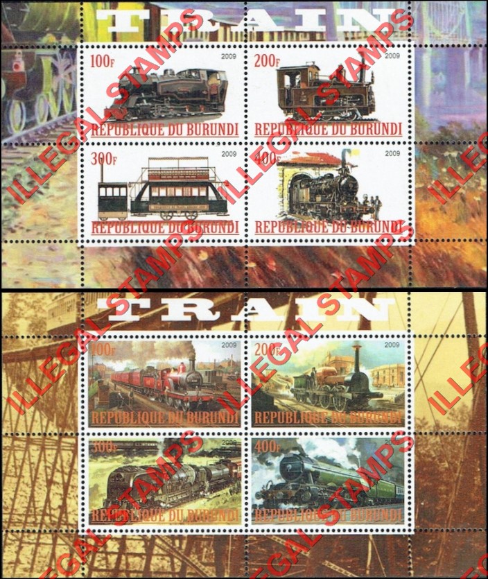Burundi 2009 Trains Counterfeit Illegal Stamp Souvenir Sheets of 4 Burundi 2009 Trains Counterfeit Illegal Stamp Souvenir Sheets of 4