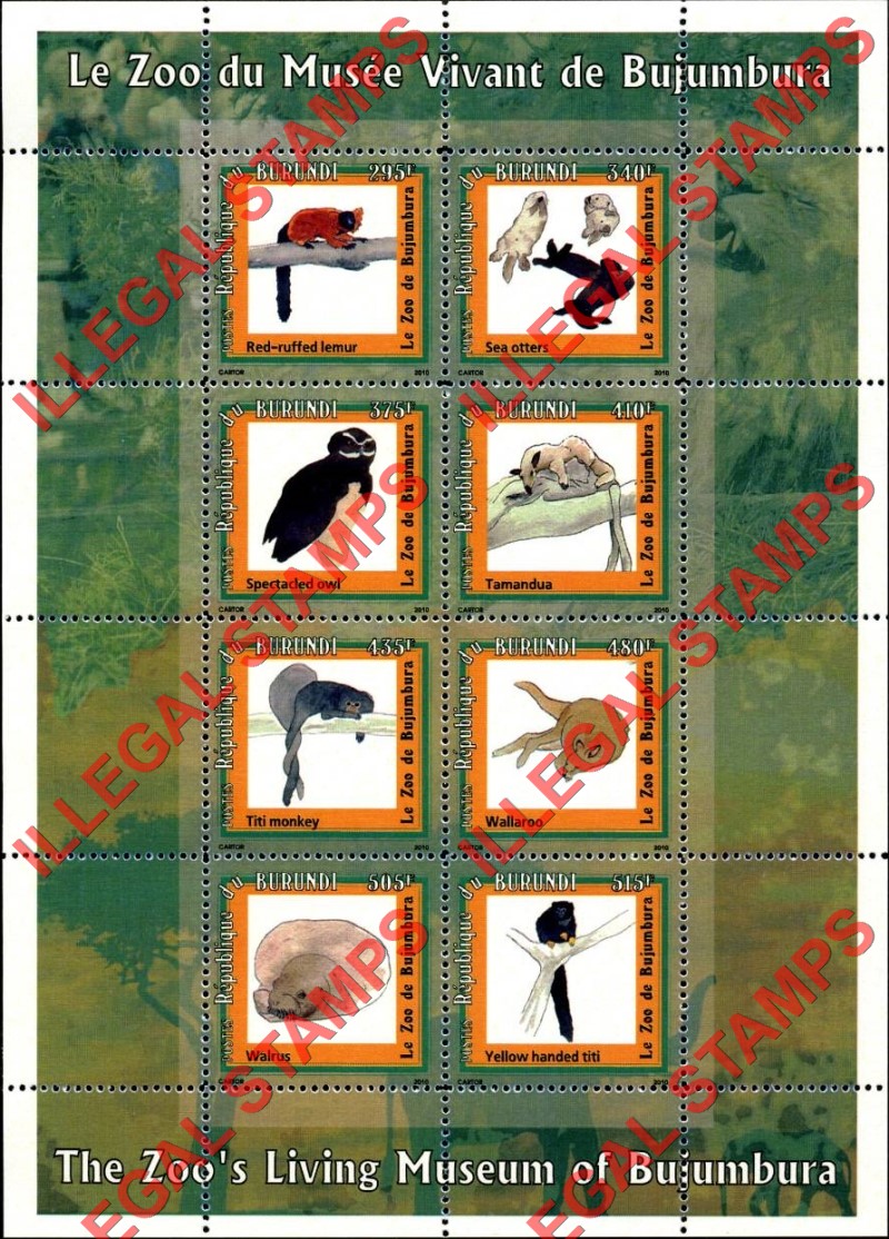 Burundi 2010 Animals in Bujumbura Zoo Counterfeit Illegal Stamp Souvenir Sheets of 8 (Sheet 2) Burundi 2010 Animals in Bujumbura Zoo Counterfeit Illegal Stamp Souvenir Sheets of 8 (Sheet 2)