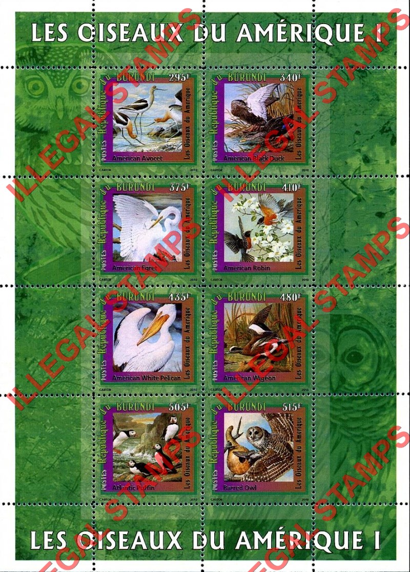 Burundi 2010 Birds of America Counterfeit Illegal Stamp Souvenir Sheets of 8 (Sheet 1) Burundi 2010 Birds of America Counterfeit Illegal Stamp Souvenir Sheets of 8 (Sheet 1)