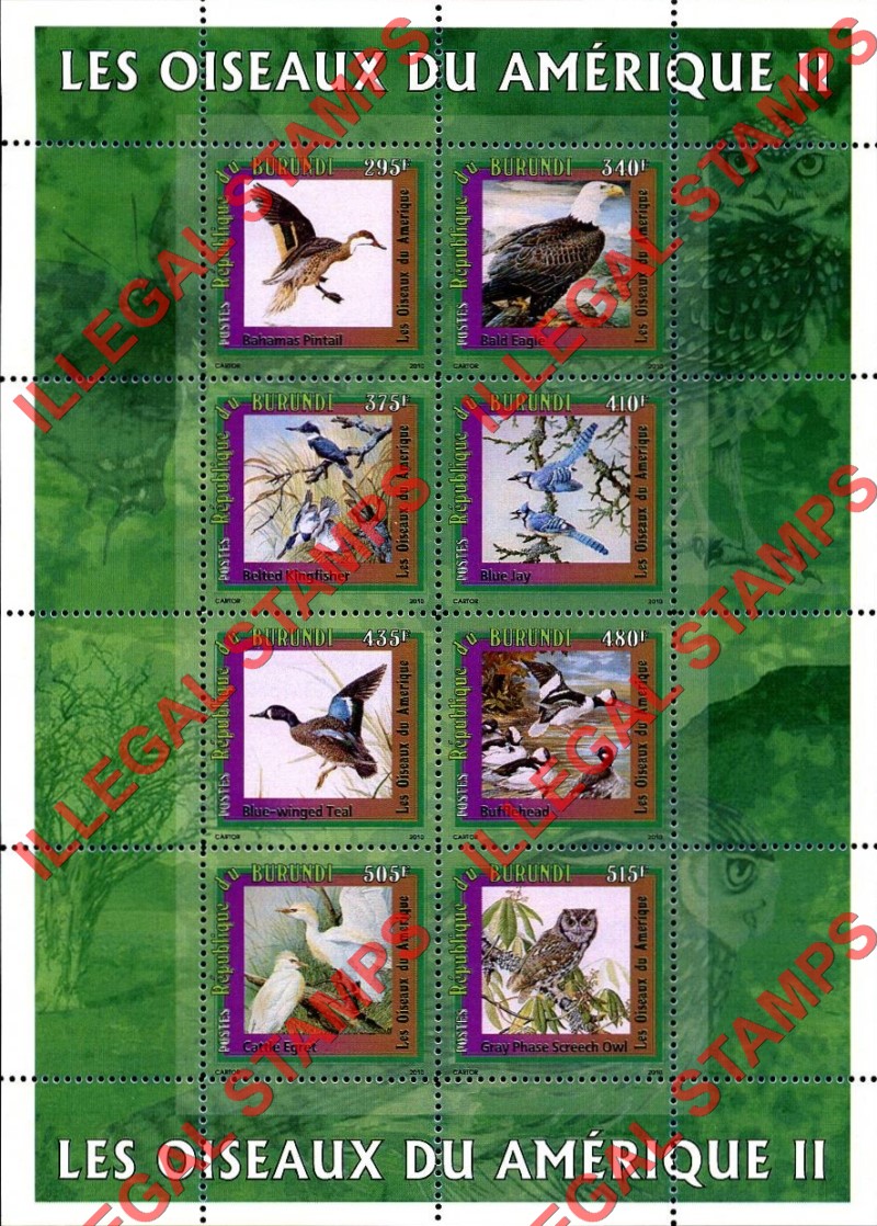 Burundi 2010 Birds of America Counterfeit Illegal Stamp Souvenir Sheets of 8 (Sheet 2) Burundi 2010 Birds of America Counterfeit Illegal Stamp Souvenir Sheets of 8 (Sheet 2)