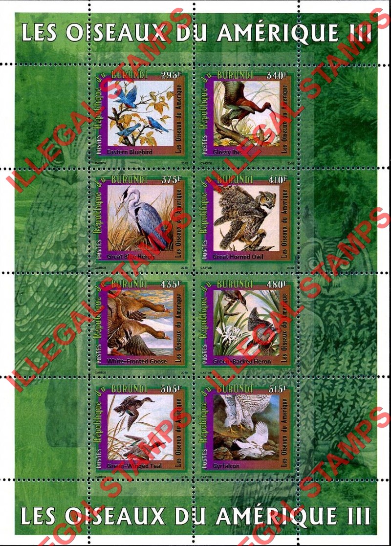 Burundi 2010 Birds of America Counterfeit Illegal Stamp Souvenir Sheets of 8 (Sheet 3) Burundi 2010 Birds of America Counterfeit Illegal Stamp Souvenir Sheets of 8 (Sheet 3)