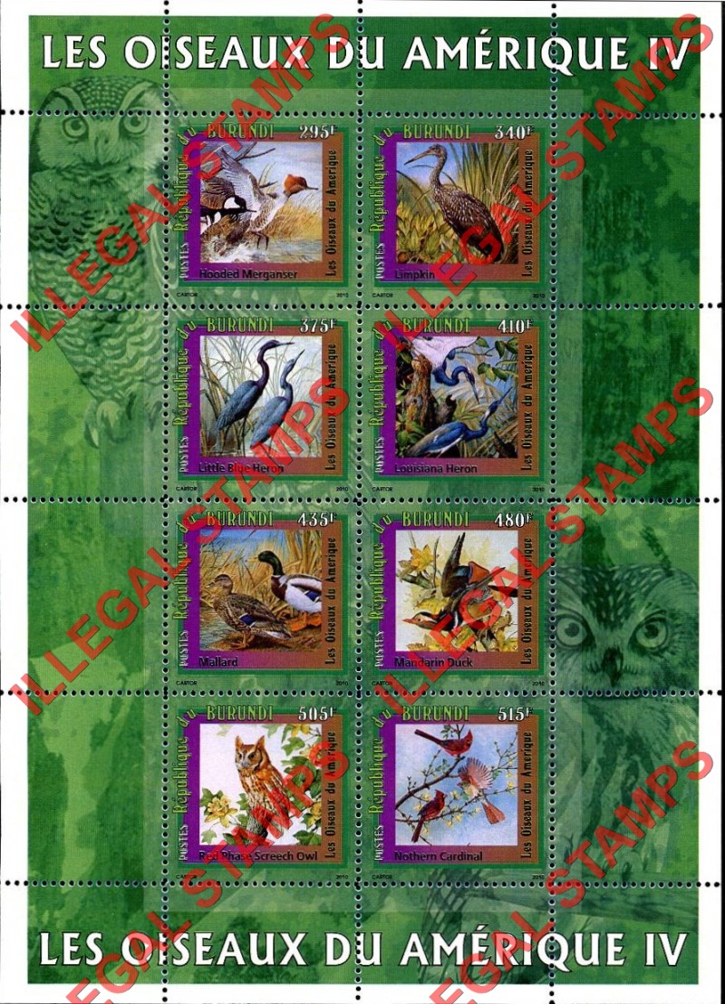 Burundi 2010 Birds of America Counterfeit Illegal Stamp Souvenir Sheets of 8 (Sheet 4) Burundi 2010 Birds of America Counterfeit Illegal Stamp Souvenir Sheets of 8 (Sheet 4)
