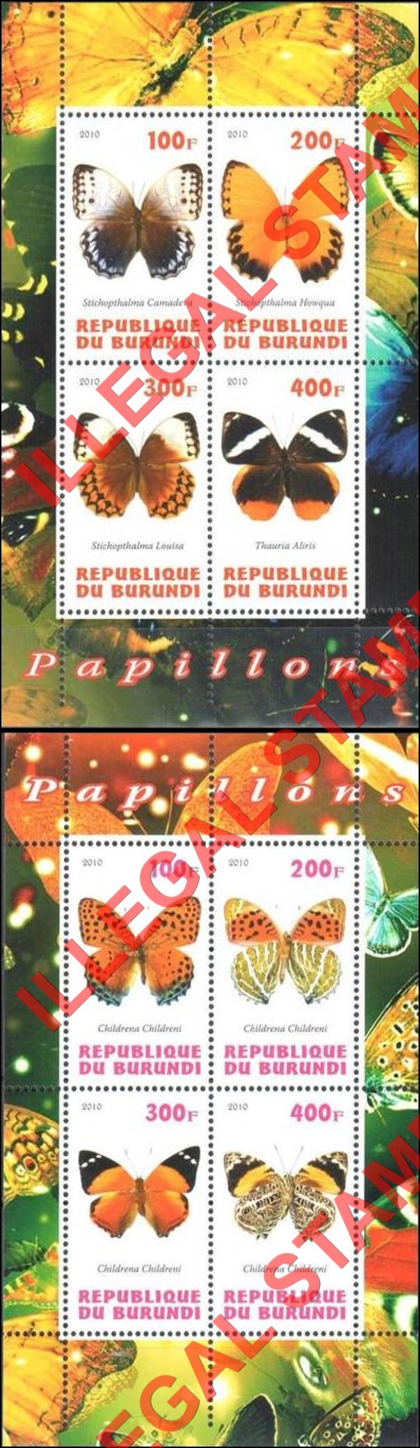 Burundi 2010 Butterflies Counterfeit Illegal Stamp Souvenir Sheets of 4 Burundi 2010 Butterflies Counterfeit Illegal Stamp Souvenir Sheets of 4