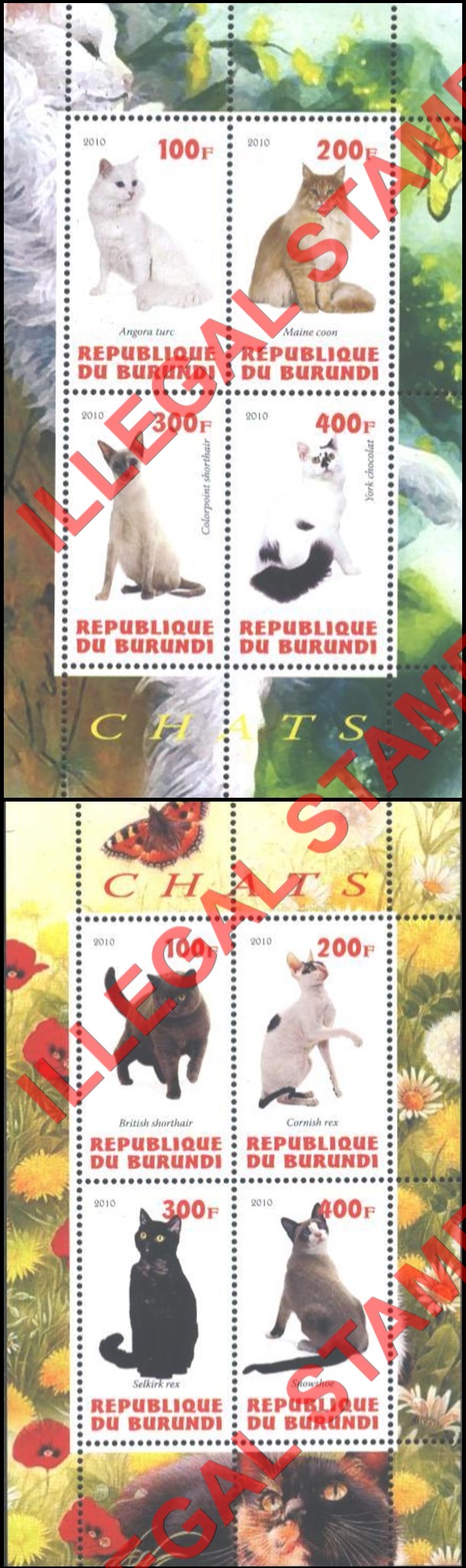 Burundi 2010 Cats Counterfeit Illegal Stamp Souvenir Sheets of 4 (Part 1) Burundi 2010 Cats Counterfeit Illegal Stamp Souvenir Sheets of 4 (Part 1)