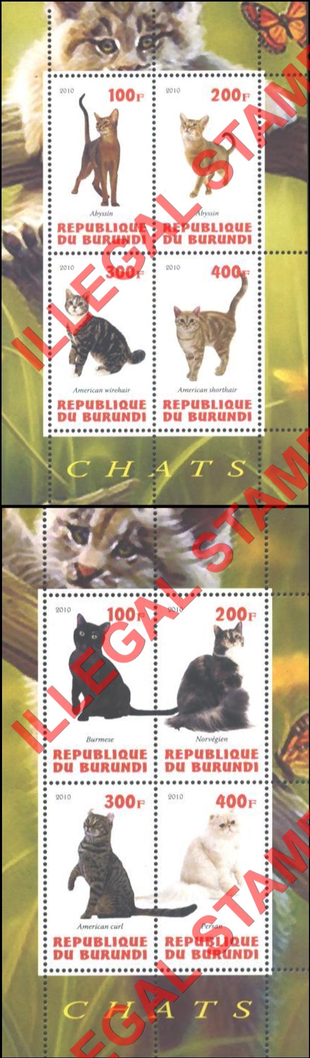 Burundi 2010 Cats Counterfeit Illegal Stamp Souvenir Sheets of 4 (Part 2) Burundi 2010 Cats Counterfeit Illegal Stamp Souvenir Sheets of 4 (Part 2)