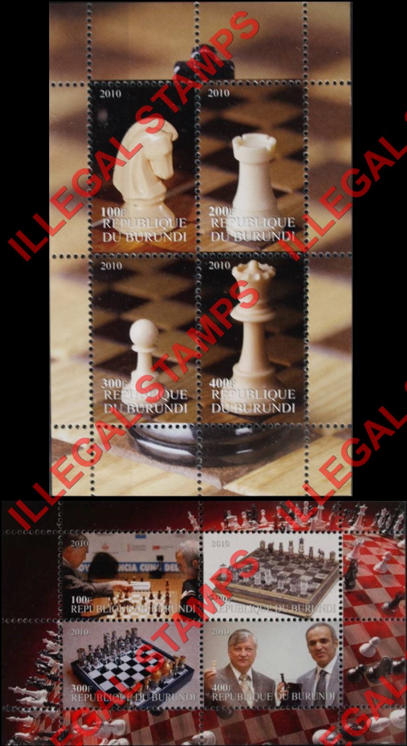 Burundi 2010 Chess Counterfeit Illegal Stamp Souvenir Sheets of 4 Burundi 2010 Chess Counterfeit Illegal Stamp Souvenir Sheets of 4