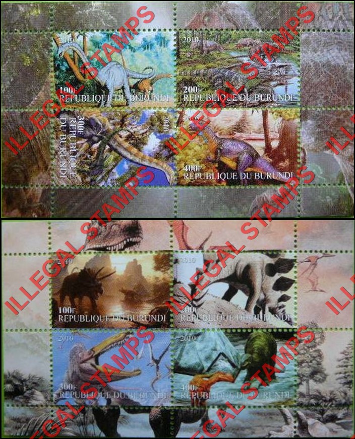 Burundi 2010 Dinosaurs (different) Counterfeit Illegal Stamp Souvenir Sheets of 4 (Part 1) Burundi 2010 Dinosaurs (different) Counterfeit Illegal Stamp Souvenir Sheets of 4 (Part 1)