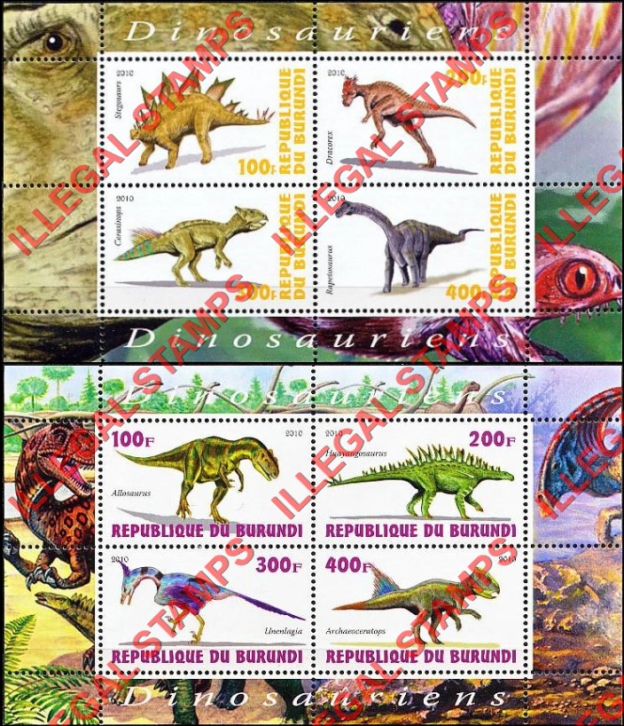 Burundi 2010 Dinosaurs Counterfeit Illegal Stamp Souvenir Sheets of 4 (Part 1) Burundi 2010 Dinosaurs Counterfeit Illegal Stamp Souvenir Sheets of 4 (Part 1)