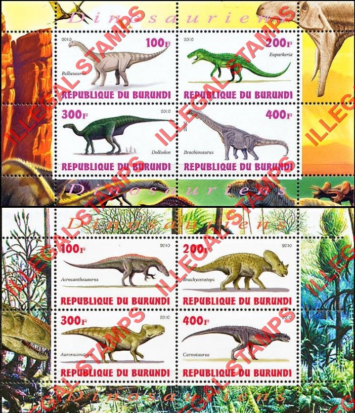 Burundi 2010 Dinosaurs Counterfeit Illegal Stamp Souvenir Sheets of 4 (Part 2) Burundi 2010 Dinosaurs Counterfeit Illegal Stamp Souvenir Sheets of 4 (Part 2)