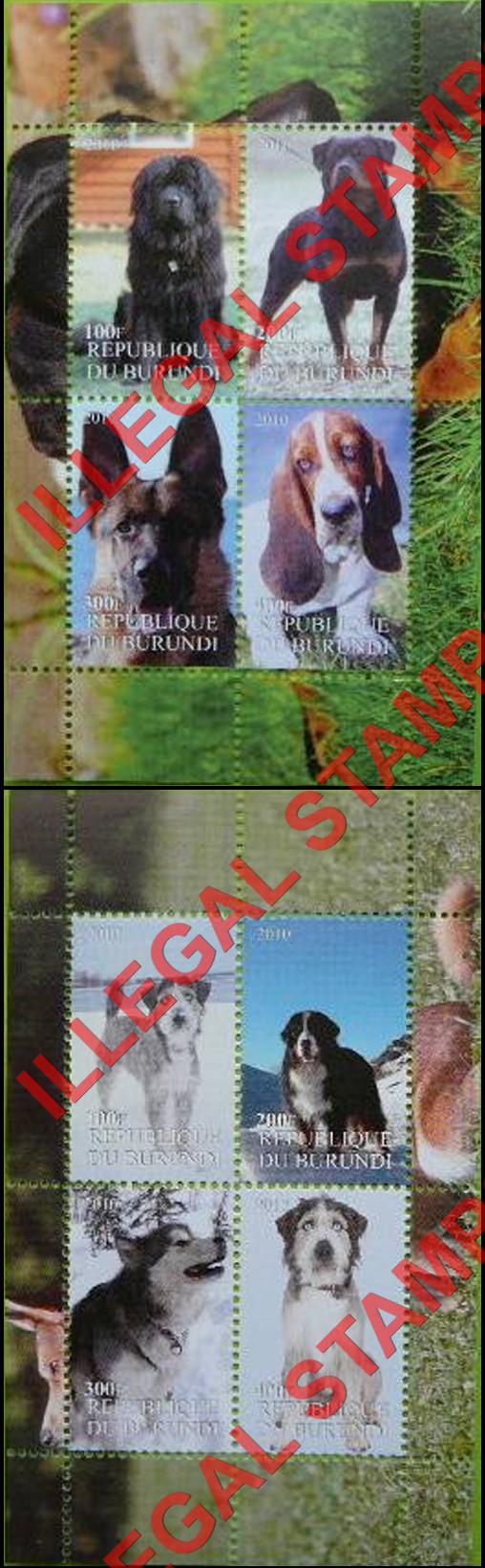 Burundi 2010 Dogs (different) Counterfeit Illegal Stamp Souvenir Sheets of 4 (Part 1) Burundi 2010 Dogs (different) Counterfeit Illegal Stamp Souvenir Sheets of 4 (Part 1)