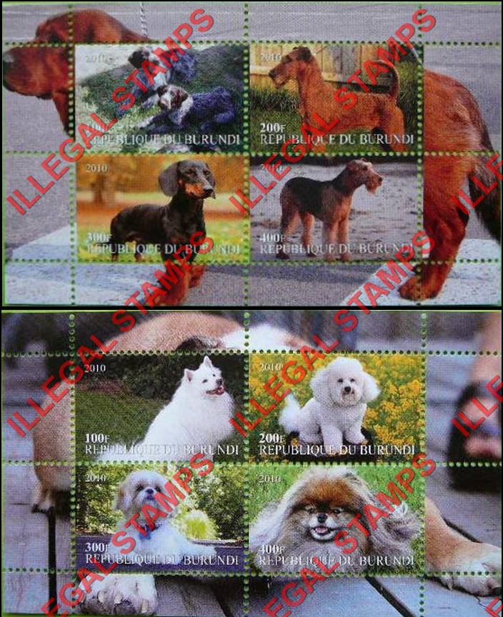 Burundi 2010 Dogs (different) Counterfeit Illegal Stamp Souvenir Sheets of 4 (Part 2) Burundi 2010 Dogs (different) Counterfeit Illegal Stamp Souvenir Sheets of 4 (Part 2)