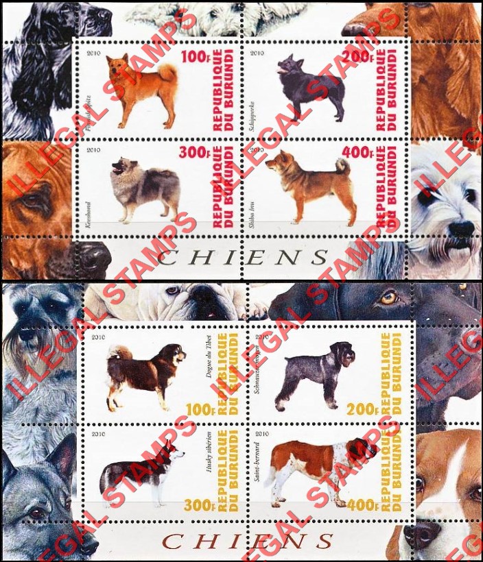 Burundi 2010 Dogs Counterfeit Illegal Stamp Souvenir Sheets of 4 (Part 1) Burundi 2010 Dogs Counterfeit Illegal Stamp Souvenir Sheets of 4 (Part 1)