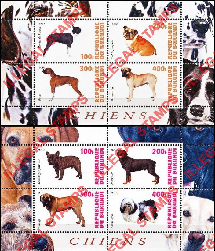 Burundi 2010 Dogs Counterfeit Illegal Stamp Souvenir Sheets of 4 (Part 2) Burundi 2010 Dogs Counterfeit Illegal Stamp Souvenir Sheets of 4 (Part 2)