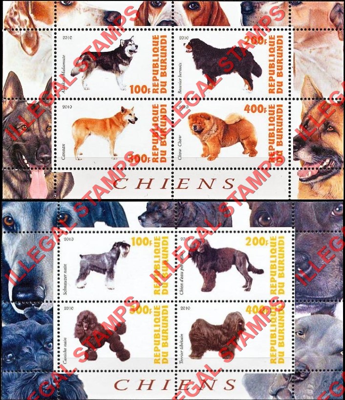 Burundi 2010 Dogs Counterfeit Illegal Stamp Souvenir Sheets of 4 (Part 3) Burundi 2010 Dogs Counterfeit Illegal Stamp Souvenir Sheets of 4 (Part 3)