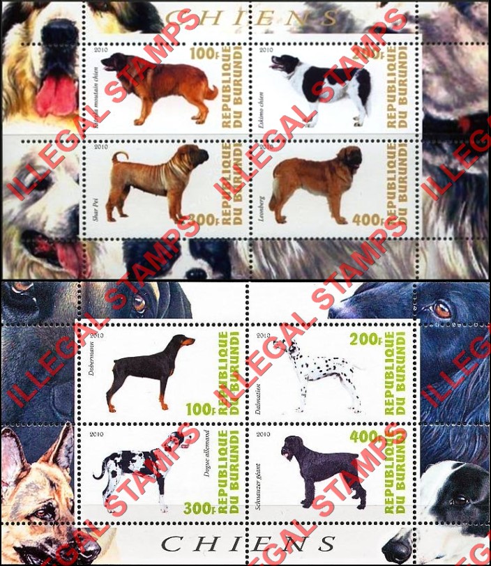 Burundi 2010 Dogs Counterfeit Illegal Stamp Souvenir Sheets of 4 (Part 4) Burundi 2010 Dogs Counterfeit Illegal Stamp Souvenir Sheets of 4 (Part 4)