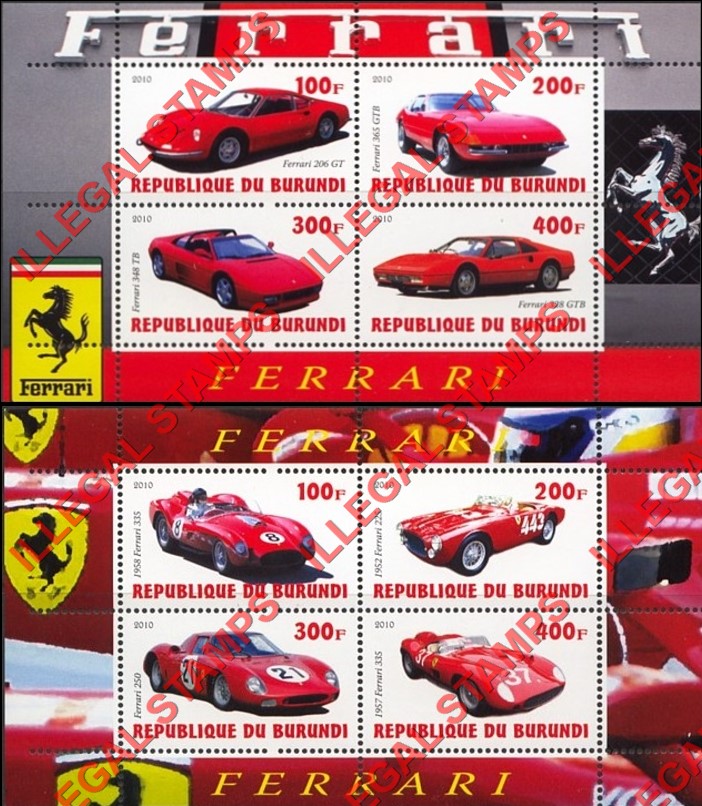Burundi 2010 Ferrari Counterfeit Illegal Stamp Souvenir Sheets of 4 Burundi 2010 Ferrari Counterfeit Illegal Stamp Souvenir Sheets of 4