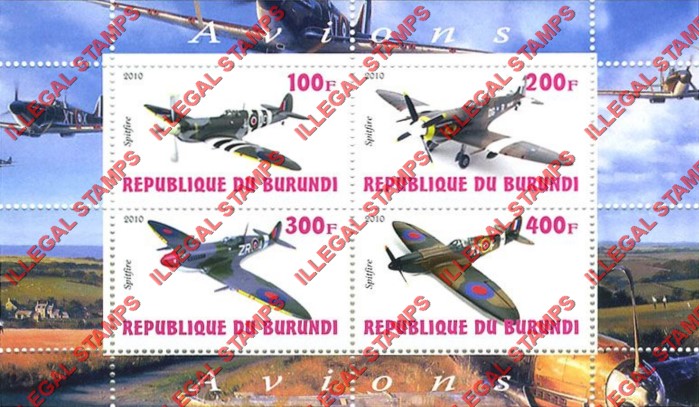 Burundi 2010 Fighter Planes Spitfire Counterfeit Illegal Stamp Souvenir Sheet of 4 Burundi 2010 Fighter Planes Spitfire Counterfeit Illegal Stamp Souvenir Sheet of 4