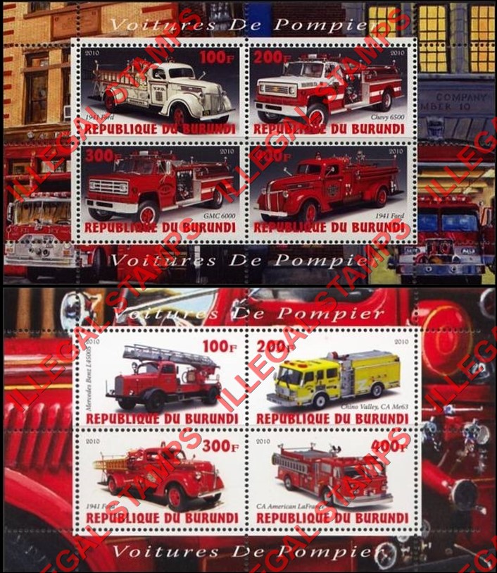 Burundi 2010 Fire Engines Counterfeit Illegal Stamp Souvenir Sheets of 4 Burundi 2010 Fire Engines Counterfeit Illegal Stamp Souvenir Sheets of 4