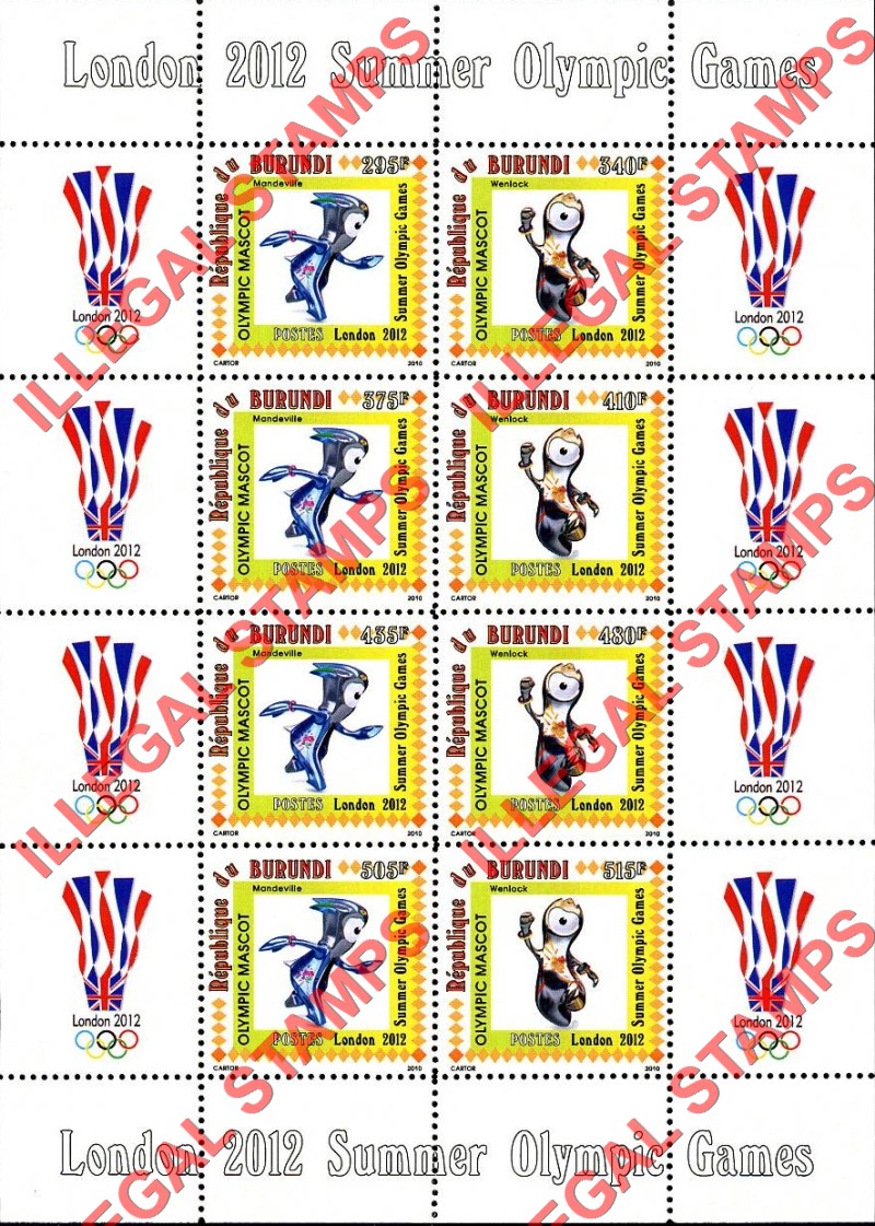 Burundi 2010 Olympic Games in London in 2012 Counterfeit Illegal Stamp Souvenir Sheets of 8 (Sheet 1) Burundi 2010 Olympic Games in London in 2012 Counterfeit Illegal Stamp Souvenir Sheets of 8 (Sheet 1)