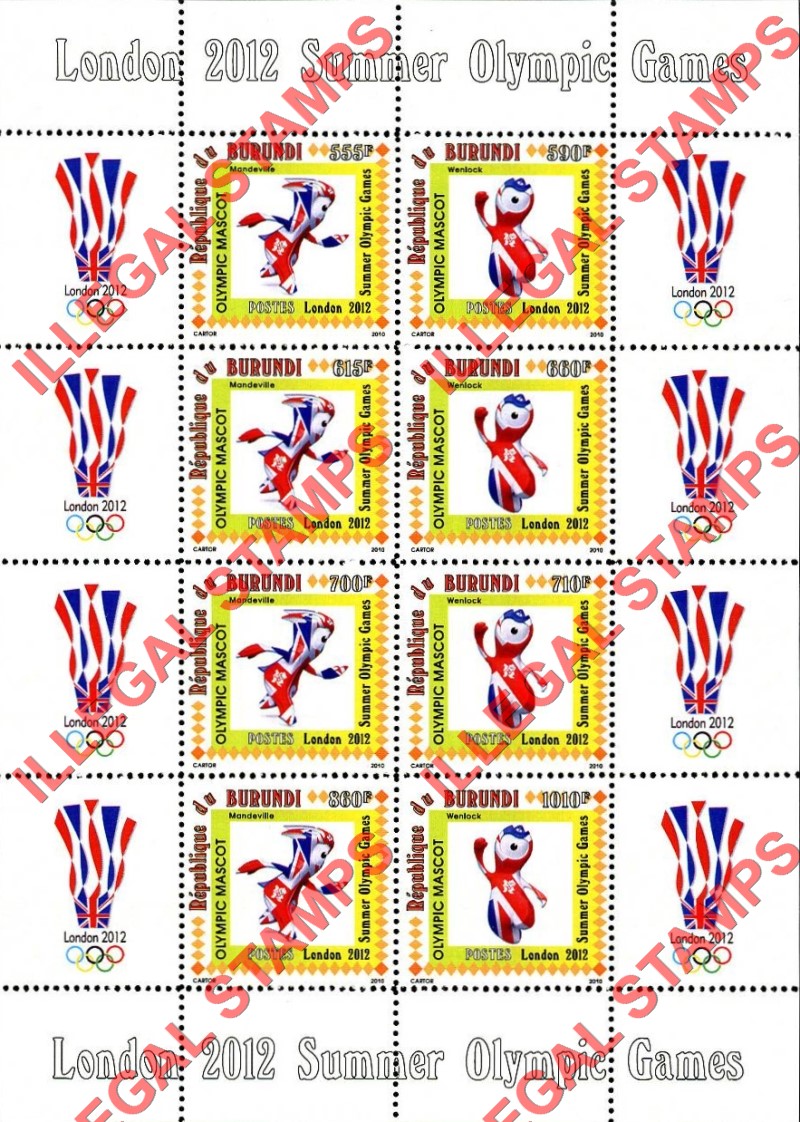 Burundi 2010 Olympic Games in London in 2012 Counterfeit Illegal Stamp Souvenir Sheets of 8 (Sheet 2) Burundi 2010 Olympic Games in London in 2012 Counterfeit Illegal Stamp Souvenir Sheets of 8 (Sheet 2)