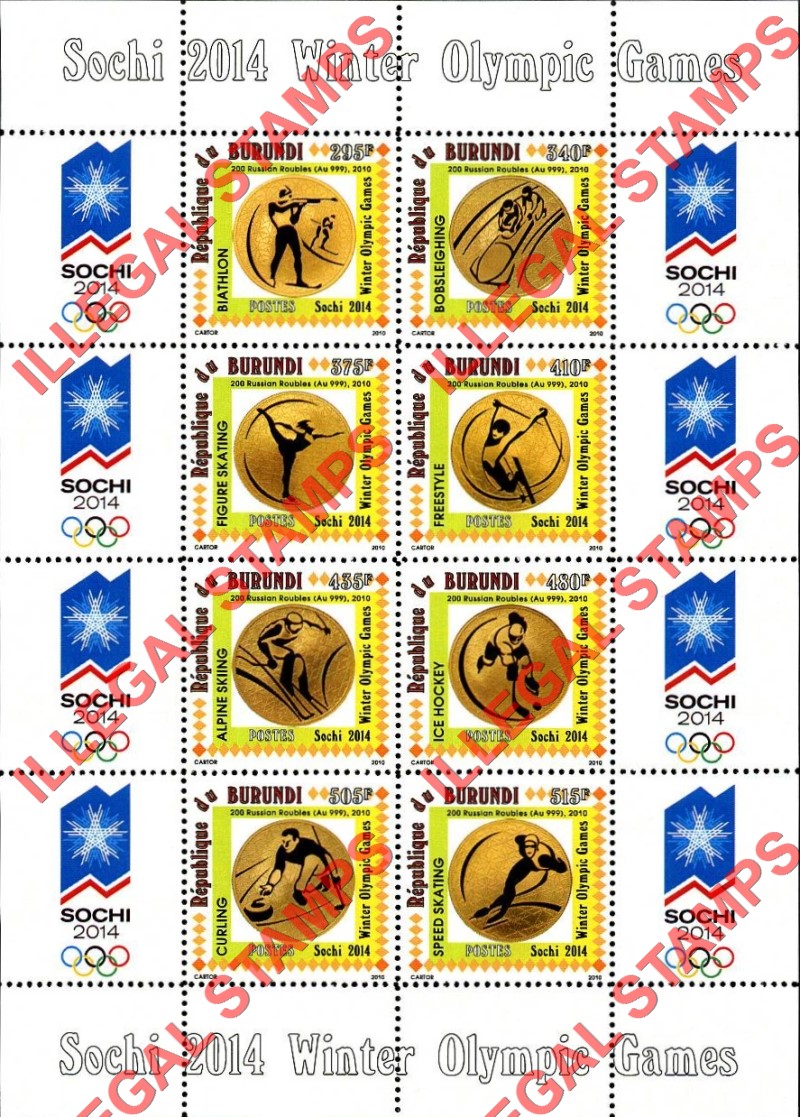 Burundi 2010 Olympic Games in Sochi in 2014 Counterfeit Illegal Stamp Souvenir Sheets of 8 (Sheet 1) Burundi 2010 Olympic Games in Sochi in 2014 Counterfeit Illegal Stamp Souvenir Sheets of 8 (Sheet 1)