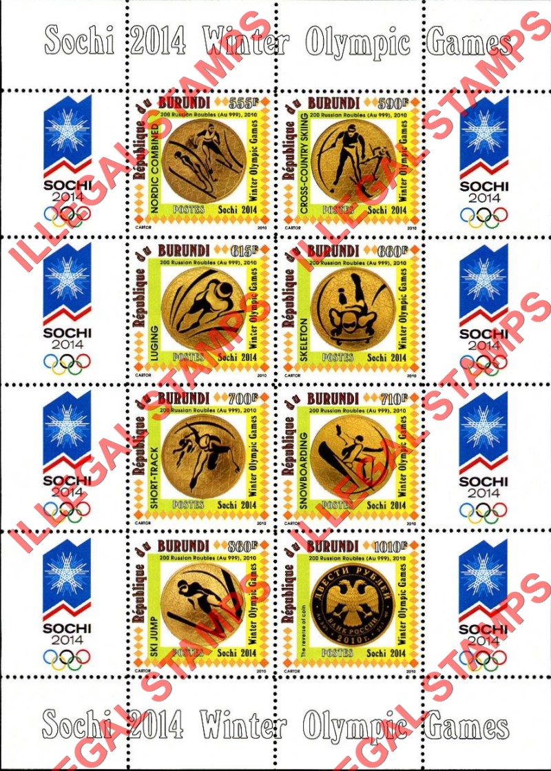 Burundi 2010 Olympic Games in Sochi in 2014 Counterfeit Illegal Stamp Souvenir Sheets of 8 (Sheet 2) Burundi 2010 Olympic Games in Sochi in 2014 Counterfeit Illegal Stamp Souvenir Sheets of 8 (Sheet 2)