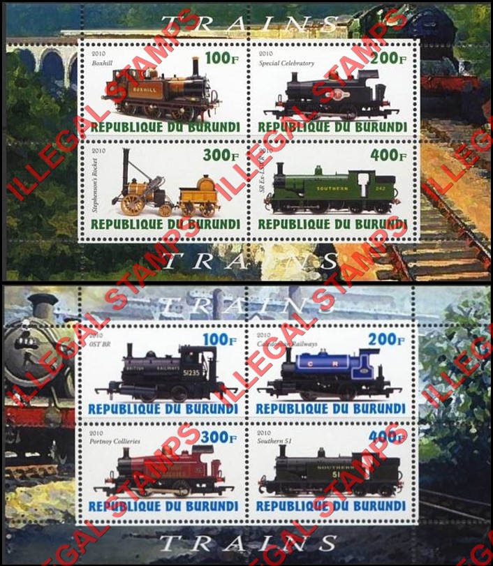 Burundi 2010 Trains Counterfeit Illegal Stamp Souvenir Sheets of 4 (Part 1) Burundi 2010 Trains Counterfeit Illegal Stamp Souvenir Sheets of 4 (Part 1)