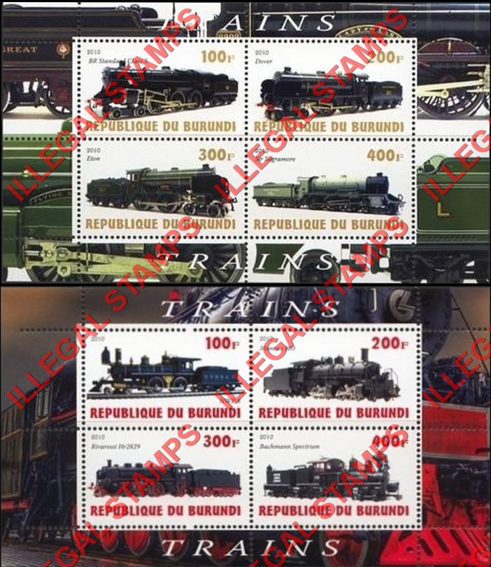 Burundi 2010 Trains Counterfeit Illegal Stamp Souvenir Sheets of 4 (Part 2) Burundi 2010 Trains Counterfeit Illegal Stamp Souvenir Sheets of 4 (Part 2)