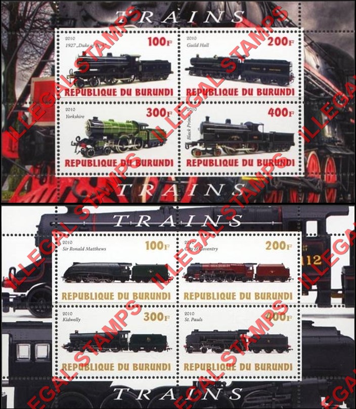 Burundi 2010 Trains Counterfeit Illegal Stamp Souvenir Sheets of 4 (Part 3) Burundi 2010 Trains Counterfeit Illegal Stamp Souvenir Sheets of 4 (Part 3)