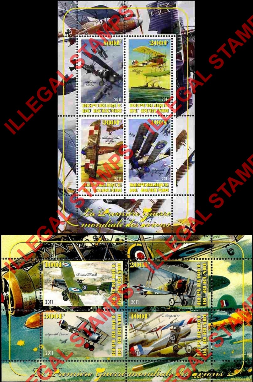 Burundi 2011 Aircraft of World War I Counterfeit Illegal Stamp Souvenir Sheets of 4 Burundi 2011 Aircraft of World War I Counterfeit Illegal Stamp Souvenir Sheets of 4