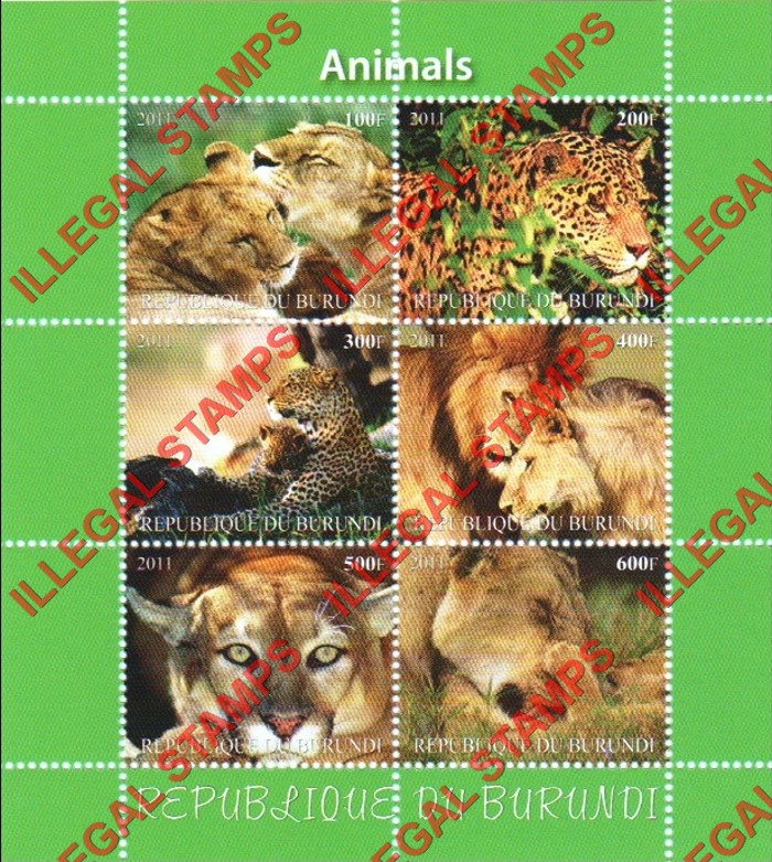 Burundi 2011 Animals Counterfeit Illegal Stamp Souvenir Sheet of 6 (Sheet 2) Burundi 2011 Animals Counterfeit Illegal Stamp Souvenir Sheet of 6 (Sheet 2)