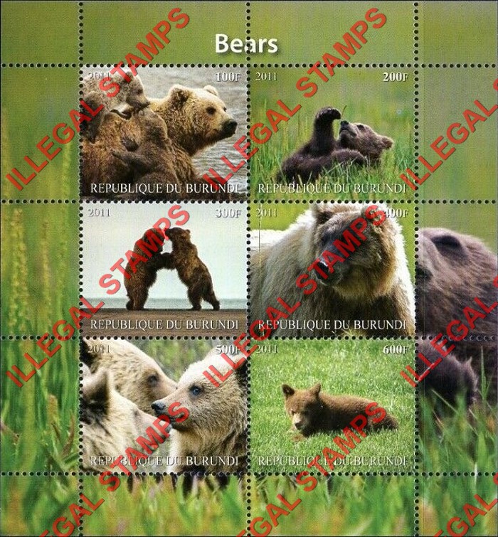Burundi 2011 Bears Counterfeit Illegal Stamp Souvenir Sheet of 6 (Sheet 1) Burundi 2011 Bears Counterfeit Illegal Stamp Souvenir Sheet of 6 (Sheet 1)