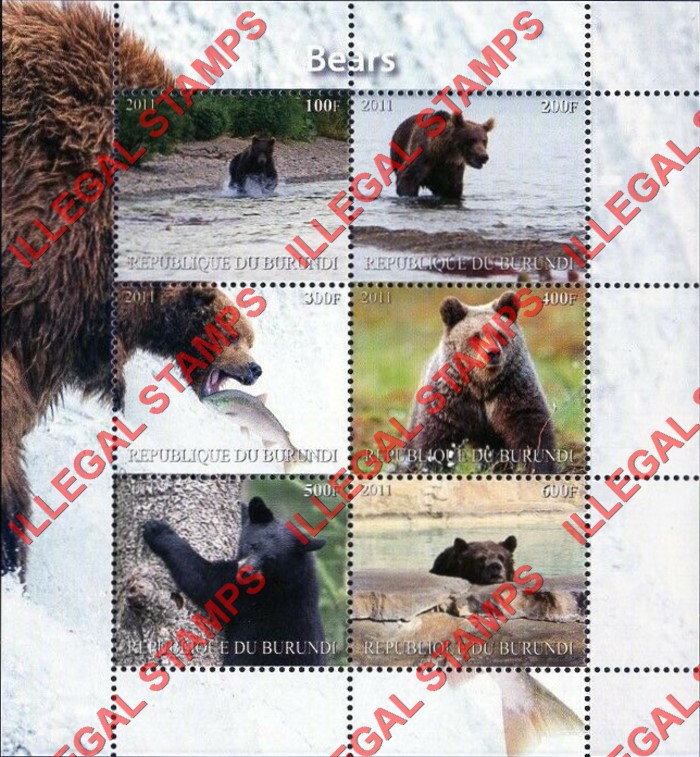 Burundi 2011 Bears Counterfeit Illegal Stamp Souvenir Sheet of 6 (Sheet 2) Burundi 2011 Bears Counterfeit Illegal Stamp Souvenir Sheet of 6 (Sheet 2)