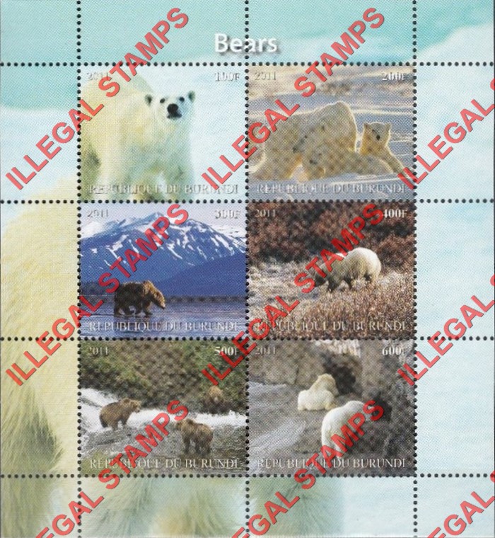 Burundi 2011 Bears Counterfeit Illegal Stamp Souvenir Sheet of 6 (Sheet 3) Burundi 2011 Bears Counterfeit Illegal Stamp Souvenir Sheet of 6 (Sheet 3)