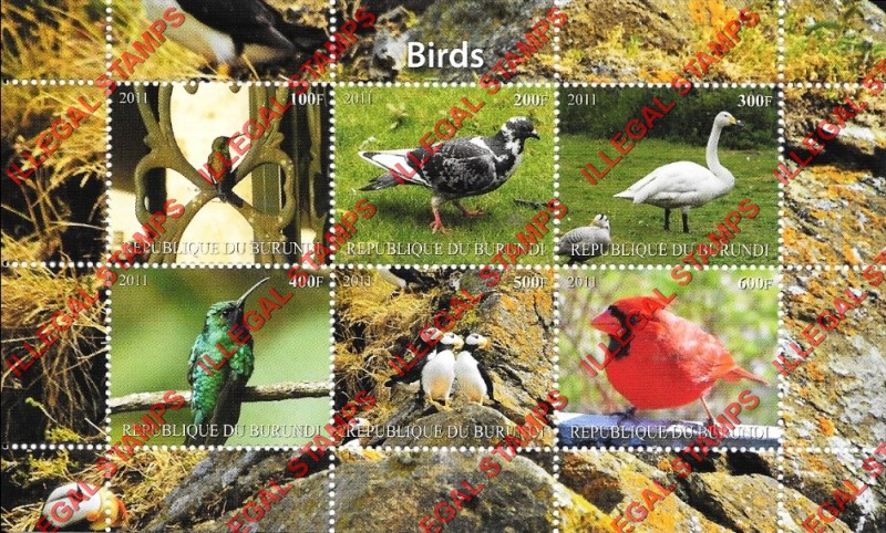 Burundi 2011 Birds Counterfeit Illegal Stamp Souvenir Sheet of 6 (Sheet 1) Burundi 2011 Birds Counterfeit Illegal Stamp Souvenir Sheet of 6 (Sheet 1)