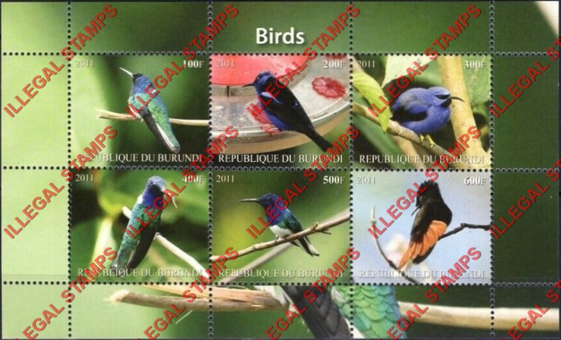 Burundi 2011 Birds Counterfeit Illegal Stamp Souvenir Sheet of 6 (Sheet 3) Burundi 2011 Birds Counterfeit Illegal Stamp Souvenir Sheet of 6 (Sheet 3)