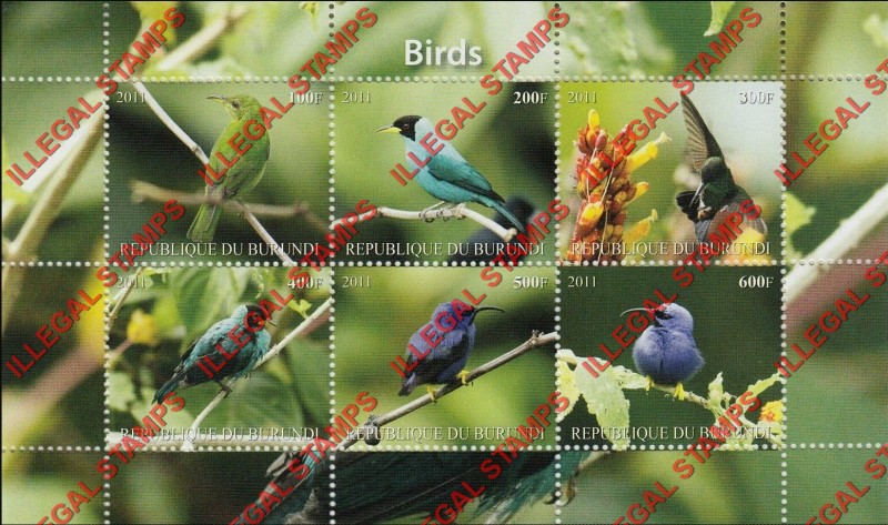 Burundi 2011 Birds Counterfeit Illegal Stamp Souvenir Sheet of 6 (Sheet 4) Burundi 2011 Birds Counterfeit Illegal Stamp Souvenir Sheet of 6 (Sheet 4)