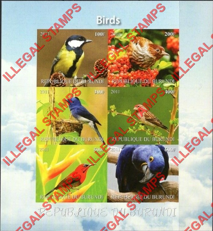 Burundi 2011 Birds Counterfeit Illegal Stamp Souvenir Sheet of 6 (Sheet 5) Burundi 2011 Birds Counterfeit Illegal Stamp Souvenir Sheet of 6 (Sheet 5)