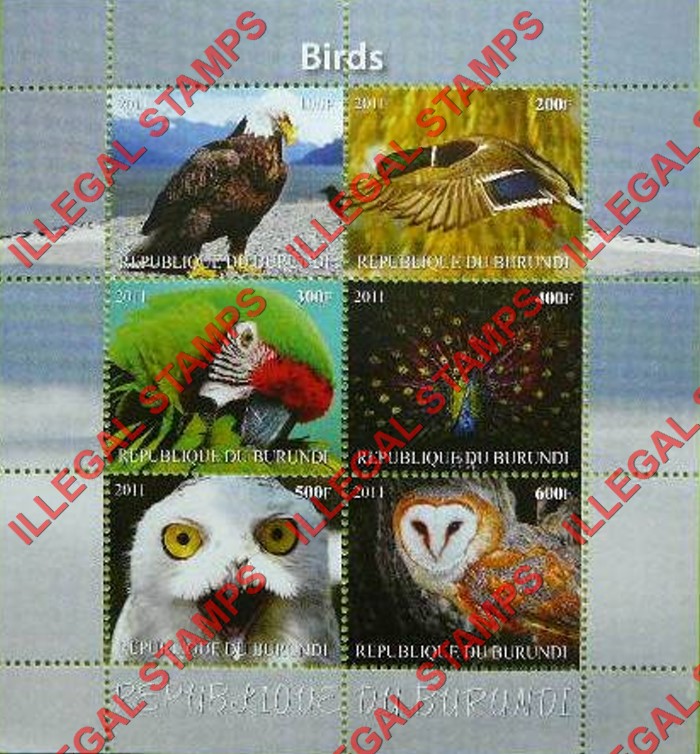 Burundi 2011 Birds Counterfeit Illegal Stamp Souvenir Sheet of 6 (Sheet 6) Burundi 2011 Birds Counterfeit Illegal Stamp Souvenir Sheet of 6 (Sheet 6)