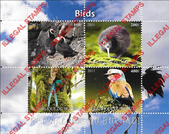 Burundi 2011 Birds Counterfeit Illegal Stamp Souvenir Sheet of 4 (Sheet 1) Burundi 2011 Birds Counterfeit Illegal Stamp Souvenir Sheet of 4 (Sheet 1)
