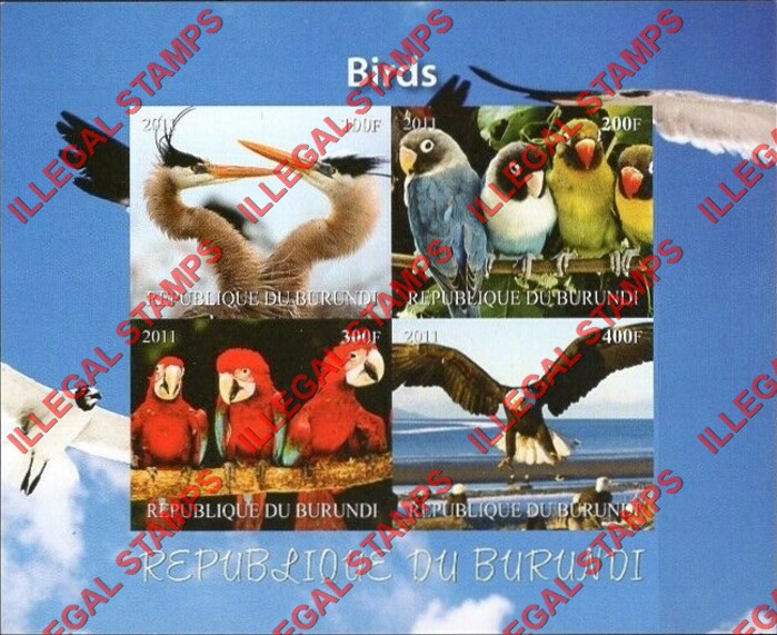 Burundi 2011 Birds Counterfeit Illegal Stamp Souvenir Sheet of 4 (Sheet 2) Burundi 2011 Birds Counterfeit Illegal Stamp Souvenir Sheet of 4 (Sheet 2)