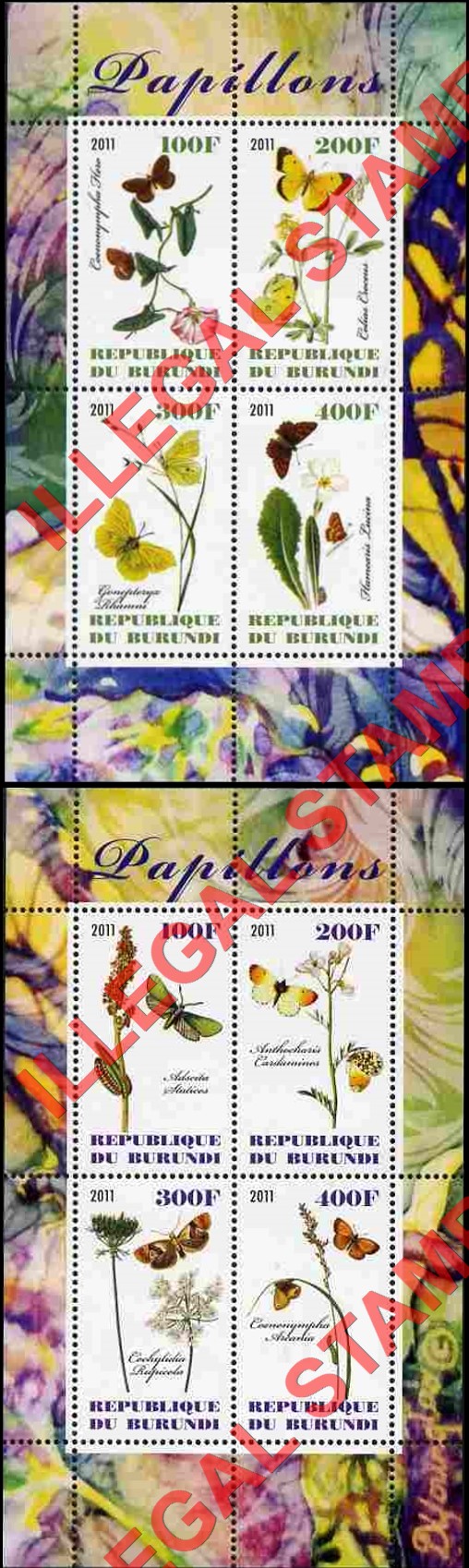 Burundi 2011 Butterflies Counterfeit Illegal Stamp Souvenir Sheets of 4 (Part 1) Burundi 2011 Butterflies Counterfeit Illegal Stamp Souvenir Sheets of 4 (Part 1)