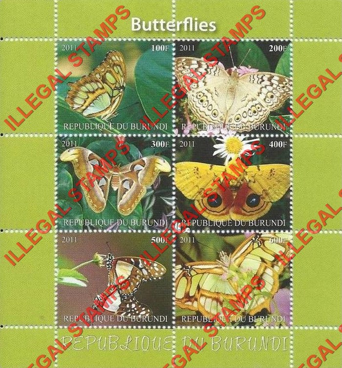 Burundi 2011 Butterflies Counterfeit Illegal Stamp Souvenir Sheet of 6 (Sheet 6) Burundi 2011 Butterflies Counterfeit Illegal Stamp Souvenir Sheet of 6 (Sheet 6)