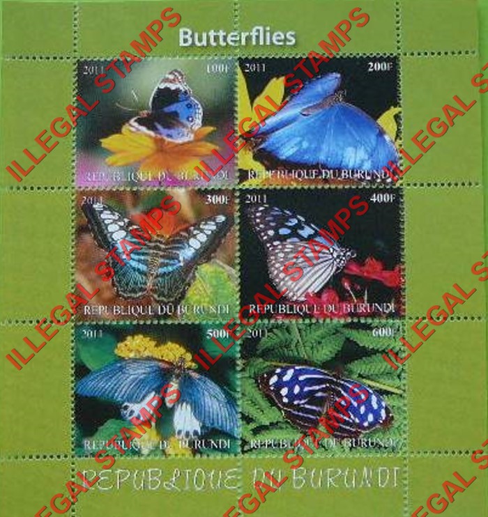 Burundi 2011 Butterflies Counterfeit Illegal Stamp Souvenir Sheet of 6 (Sheet 7) Burundi 2011 Butterflies Counterfeit Illegal Stamp Souvenir Sheet of 6 (Sheet 7)
